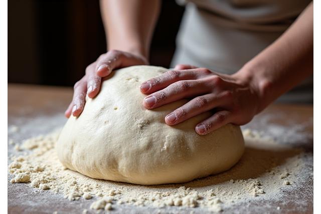 Een bakker kneedt deeg met de hand
