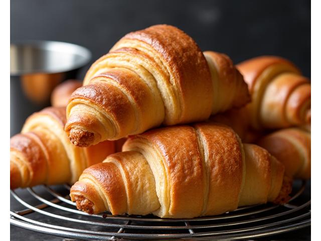 Versgebakken, goudbruine croissants op een bakrooster.