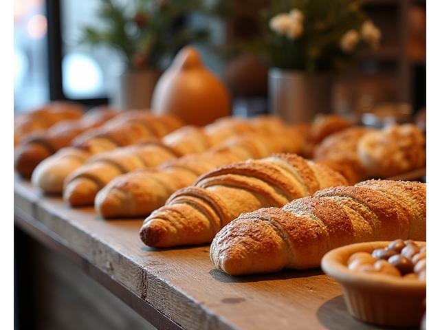 Ambachtelijk brood en patisserie uitgestald in een gezellige café-omgeving